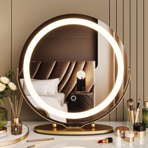 GAOMON 19 Inch Vanity Mirror with Lights, Round Large LED Vanity Mirror with Smart Touch 3 Colors Dimmable, Touch Lighting, 360° Rotation for Dressing Room & Bedroom Tabletop, Easy Assembly, Black in Saudi Arabia