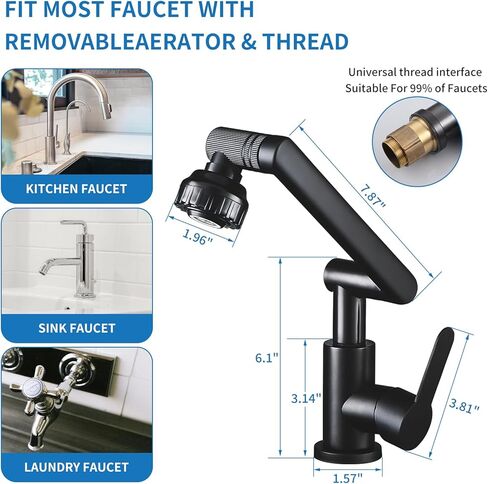 صنبور دوار 1080 درجة، صنبور الحمام فتحة واحدة، صنبور حمام أسود مع رذاذ دوار بزاوية كبيرة وظيفة مزدوجة، صنبور مرحاض، صنبور حوض الحمام، صنبور الغرور بمقبض واحد in Kuwait