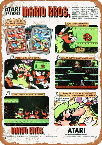 Tin Sign 1984 Atari Presents Mario Bros. - لافتة معدنية عتيقة مقاس 8 × 12 بوصة in Kuwait