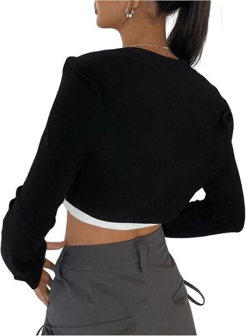 سترة نسائية من RoseSeek محبوكة مضلعة بوليرو أغطية طويلة الأكمام مفتوحة من الأمام بقصة ضيقة y2k in Kuwait