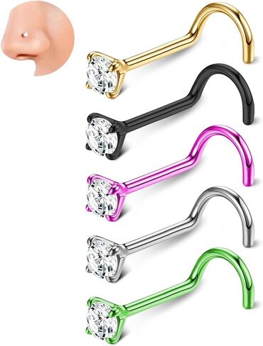 Nose Rings for Women, 5Pcs 18G Nose Screw Rings Studs, CZ Nose Piercing, Titanium Nose Studs for Nostril Nose Piercing Jewelry in Saudi Arabia