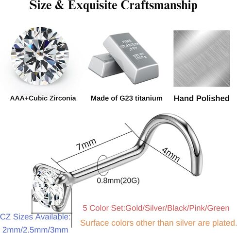 Nose Rings for Women, 5Pcs 18G Nose Screw Rings Studs, CZ Nose Piercing, Titanium Nose Studs for Nostril Nose Piercing Jewelry in Saudi Arabia