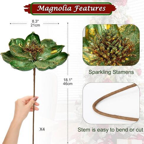 Briful 8’’ Large Heads Christmas Glitter Magnolia Flowers Christmas Tree Ornaments Set of 4 Artificial Flowers with Picks Stems for Xmas Tree Holiday Decorations,Green in Kuwait