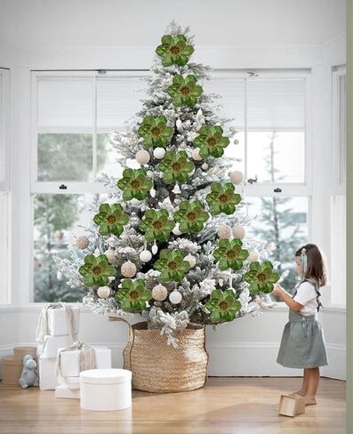 Briful 8’’ Large Heads Christmas Glitter Magnolia Flowers Christmas Tree Ornaments Set of 4 Artificial Flowers with Picks Stems for Xmas Tree Holiday Decorations,Green in Kuwait