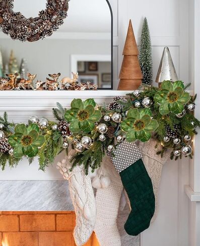 Briful 8’’ Large Heads Christmas Glitter Magnolia Flowers Christmas Tree Ornaments Set of 4 Artificial Flowers with Picks Stems for Xmas Tree Holiday Decorations,Green in Kuwait