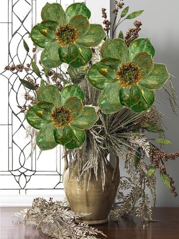 Briful 8’’ Large Heads Christmas Glitter Magnolia Flowers Christmas Tree Ornaments Set of 4 Artificial Flowers with Picks Stems for Xmas Tree Holiday Decorations,Green in Kuwait