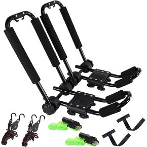 Premium Folding Kayak Rack J-Bar Car Roof Rack for Canoe Carrier SUP Paddle Surfboard Mount on Car SUV and Truck Crossbar， Includes 2 pcs 10Ft S-Hook Rated Ratchet Pulleys Straps Ratchet Strap（1 Pair