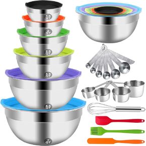 5-Speed Electric Hand Mixer, 5 Large Mixing Bowls Set, Handheld Mixers with Whisks Beater, Stainless Steel Metal Nesting Bowl Measuring Cups Spoons Kitchen Cake Blender for Baking Supplies