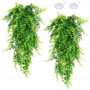 2 Pack Reptile Plants Terrarium Hanging Plant Artificial Leaves Reptile Hide with Suction Cup, Reptile Tank Accessories for Bearded Dragon Lizard Snake Geckos Chameleon
