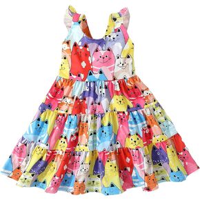 Baby Girls Tiered Dress Flutter Sleeve Twirly Unicorn Sundress Kids Cute Outfits Toddler Summer Dresses 2-8 Years Old