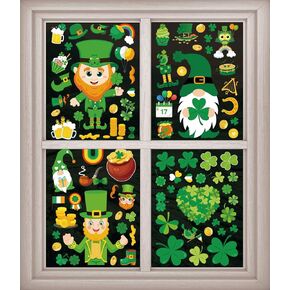 St. Patrick's Day Window Clings - Reusable Double-Sided Window Stickers, Leprechauns, Shamrocks, Gnome, Coins - Festive Irish Decor for Glass Windows