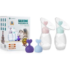 Amplim Manual Breast Pump | Gen 2 Food Grade Silicone Collector for Breastfeeding Nursing Mom with 4 Milk Stoppers | Must Haves Registry Essentials for Newborn, Infant, Baby | 4 oz (Blue + Pink)
