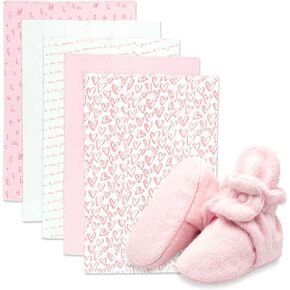 Zutano Newborn Girl Gift Set | 5 Pack Organic Burp Cloths and 0-3 month Fleece Baby Booties, Bundle, 3M