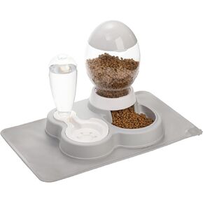 YOUEON Automatic Cat Feeder and Water Dispenser Set, 2 in 1 Gravity Pet Feeder and Waterer with Pet Food Mat, Cat Food and Water Bowl Set for Cats and Small Dogs Puppy, Grey