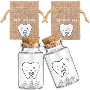 Newtay 2 Pcs Tooth Fairy Bag with 2 Small Glass Tooth Fairy Bottles Tooth Holders for Kids Keepsake for Lost Tooth Girl Boy Birthday Gift