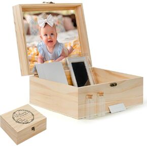 صندوق تذكار خشبي كبير للصور لمجموعة بصمة القدم للأولاد، صندوق تذكار للذكريات العزيزة، صندوق حفظ الأسنان للفتيات، صناديق تخزين للبنات/الصبي، صندوق تذكار 10.3 بوصة × 8.6 بوصة × 4.8 بوصة in Kuwait