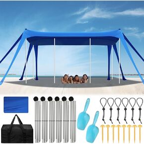 13' x 20' Beach Tent Sun Shelter Beach Canopy Pop up Gazebo UPF 50+ Portable Outdoor Shades with Aluminum Poles Sandbags Sand Shovel for Camping Fishing Beach Backyard Picnic