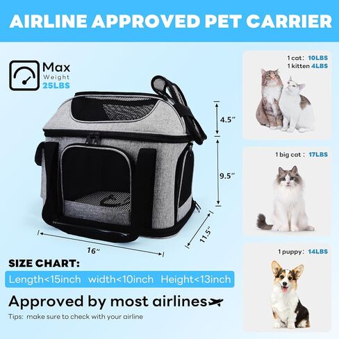 حاملة القطط Supet ناعمة مع إمكانية توسيع الجزء العلوي والجانبي، معتمدة من شركة الطيران الناقلة للكلاب للقطط. حاملات الكلاب الشبكية المضادة للخدش للكلاب الصغيرة والقطط الكبيرة، أقصى وزن 25 رطلاً. in Kuwait