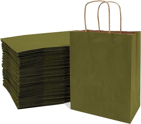 أكياس الهدايا الخضراء - 8 × 4 × 10 100 عبوة من أكياس التسوق الصغيرة المصنوعة من الزيتون مع مقابض، وحقائب حمل ورقية قابلة للتخصيص للبوتيك، والتجزئة، وضيوف الزفاف، والعطلات، وأعياد الميلاد، والأعمال التجارية الصغيرة، بكميات كبيرة in Kuwait
