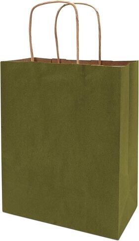 أكياس الهدايا الخضراء - 8 × 4 × 10 100 عبوة من أكياس التسوق الصغيرة المصنوعة من الزيتون مع مقابض، وحقائب حمل ورقية قابلة للتخصيص للبوتيك، والتجزئة، وضيوف الزفاف، والعطلات، وأعياد الميلاد، والأعمال التجارية الصغيرة، بكميات كبيرة in Kuwait