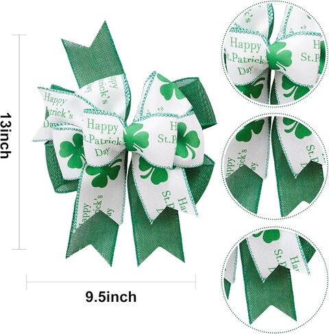 Clover Patrick's Day Wreath Bow Green Shamrock Irish Holiday DIY Crafts Gift Ribbon Bow Ornaments for St. Patrick's Day (9.5 x 13 inch) in Saudi Arabia