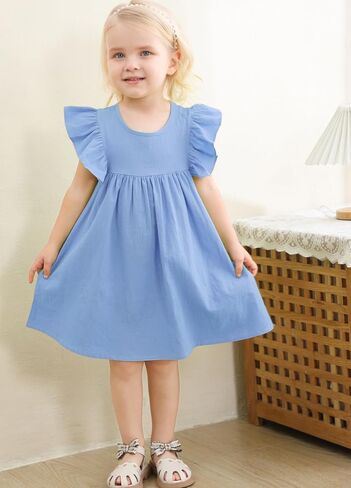 Toddler Girls Ruffle Sleeve Cotton Linen Dress Sleeveless Baby Girl Back Tie Dress Kid Casual Sundress in Saudi Arabia