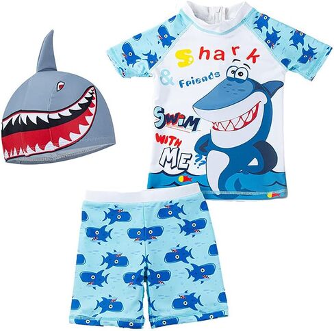 Mud Kingdom Little Boys 3 Pieces Swimsuit Cartoon Bathing Suit Rash Guards with Hat in Kuwait