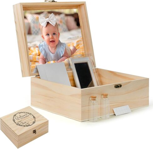 صندوق تذكار خشبي كبير للصور لمجموعة بصمة القدم للأولاد، صندوق تذكار للذكريات العزيزة، صندوق حفظ الأسنان للفتيات، صناديق تخزين للبنات/الصبي، صندوق تذكار 10.3 بوصة × 8.6 بوصة × 4.8 بوصة in Kuwait