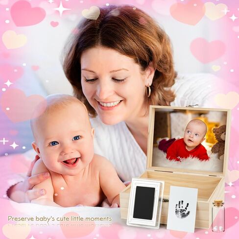 صندوق تذكار خشبي كبير للصور لمجموعة بصمة القدم للأولاد، صندوق تذكار للذكريات العزيزة، صندوق حفظ الأسنان للفتيات، صناديق تخزين للبنات/الصبي، صندوق تذكار 10.3 بوصة × 8.6 بوصة × 4.8 بوصة in Kuwait