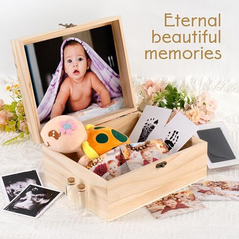 صندوق تذكار خشبي كبير للصور لمجموعة بصمة القدم للأولاد، صندوق تذكار للذكريات العزيزة، صندوق حفظ الأسنان للفتيات، صناديق تخزين للبنات/الصبي، صندوق تذكار 10.3 بوصة × 8.6 بوصة × 4.8 بوصة in Kuwait