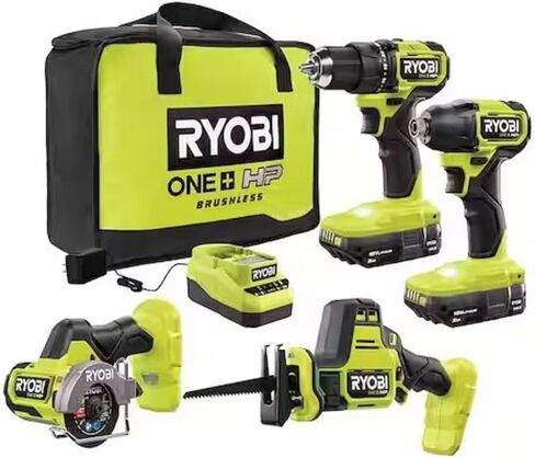 مجموعة أدوات كومبو RYOBI ONE+ HP 18V بدون فرش مدمجة مكونة من 4 أدوات مع (2) بطاريات 2.0 أمبير وشاحن وحقيبة in Saudi Arabia