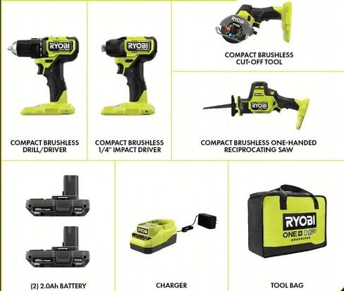مجموعة أدوات كومبو RYOBI ONE+ HP 18V بدون فرش مدمجة مكونة من 4 أدوات مع (2) بطاريات 2.0 أمبير وشاحن وحقيبة in Saudi Arabia