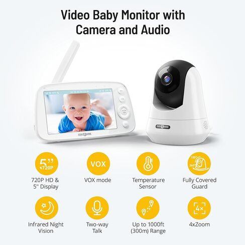 جهاز مراقبة الأطفال بالفيديو PARIS RHÔNE، جهاز مراقبة الأطفال بدقة 5 بوصات بدقة 720 بكسل عالي الدقة مع كاميرا وصوت، بدون WiFi، صوت ثنائي الاتجاه، وضع VOX، رؤية ليلية بالأشعة تحت الحمراء، تذكير بالتغذية، تهويدات مستشعر درجة الحرارة بزاوية واسعة in Kuwait