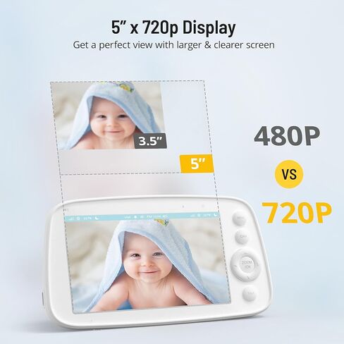 جهاز مراقبة الأطفال بالفيديو PARIS RHÔNE، جهاز مراقبة الأطفال بدقة 5 بوصات بدقة 720 بكسل عالي الدقة مع كاميرا وصوت، بدون WiFi، صوت ثنائي الاتجاه، وضع VOX، رؤية ليلية بالأشعة تحت الحمراء، تذكير بالتغذية، تهويدات مستشعر درجة الحرارة بزاوية واسعة in Kuwait
