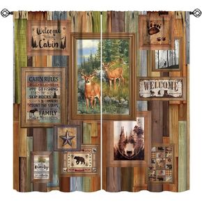 Rustic Cabin Curtain,Brown Bear Deer Forest Animals Hunting Wildlife Retro Wooden Plank Background Blackout Rod Pocket Window Drapes for Living Room Bedroom Kitchen W42xL54in