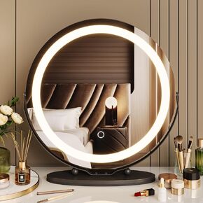 19 Inch Vanity Mirror with Lights, Round Large LED Vanity Mirror with Smart Touch 3 Colors Dimmable, Touch Lighting, 360° Rotation for Dressing Room and Bedroom Tabletop, Easy Assembly(white)