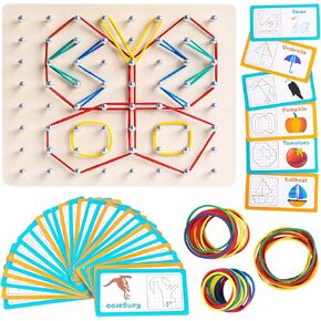 LovesTown Wooden Geoboard, Montessori Toys for Kids Graphical Educational Toy 9x9 Geo Board with Rubber Bands Brain Teaser for Boys Girls