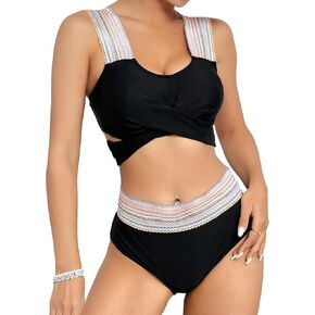 Milumia Women's 2 Piece High Waist Swimsuits Cross Wrap Stitch Tape Bikini Bathing Suits in Kuwait