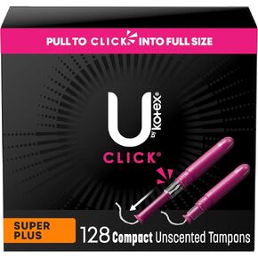 U by Kotex Click Compact Tampons, Regular Absorbency, Unscented, 128 Count (8 Packs of 16) (Packaging May Vary)
