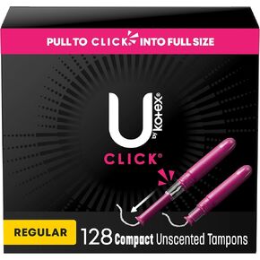 U by Kotex Click Compact Tampons, Regular Absorbency, Unscented, 128 Count (8 Packs of 16) (Packaging May Vary)