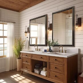 40 X 30 Inch Brown Wall Mirrors for Bathroom， Aluminum Alloy Multi-Level Metal Framed Rectangle Wall Mirrors， Tempered Glass Home Decor Corner Hangs Farmhouse Mirror