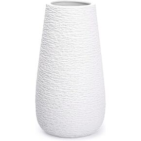 White Ceramic Vase, Flowers Vase in Rustic Texture Design for Home Office Decor, Simple Nordic Style Table Vase for Pampas Grass - 10 Inch Tall, 3-1/2 Inch Opening