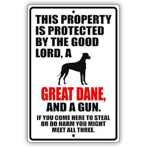 This Property is Protected by The Good Lord A Great Dane Dog Unique Novelty Caution Outdoor Warning Notice Metal Tin Wall Sign 8x12 inch, Black