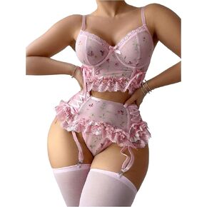 Women's 5 Piece Lingerie Set Lace Floral Ruffle Garter Underwire Teddy Lingerie Set with Stocking in Saudi Arabia