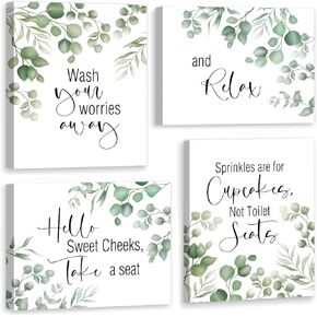 LHIUEM Bathroom Canvas Wall Art Plant Pictures Framed Decor Set of 4pcs(8"X10") Motivational Frames Quotes Sage Greens Pictures Canvas Wall Decor for Bathroom Toilet Laundry Restroom Balcony Nursery