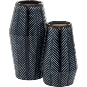 Deco 79 Ceramic Handmade Decorative Vase Chevron Centerpiece Vases, Set of 2 Flower Vases for Home Decoration 11", 8"H, Dark Blue