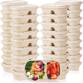 Yesland 50 Pcs Compostable Take Out Food Containers with Lid, 33 oz Bagasse to Go Container 2 Compartment Rectangular Disposable Paper Bowl, Meal Prep Food Container for Salad Leftovers