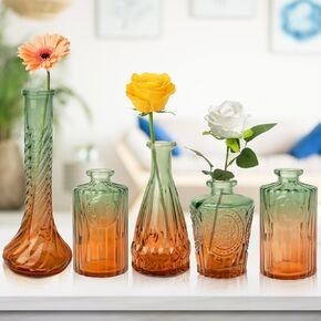 Glass Bud Vases Set of 5 Vintage Glass Vases Small Amber Bud Vases in Bulk for Centerpieces Decor Flower Vases for Floral Wedding Party Table Decoration Home Decor(Gradient Green)