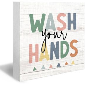Boho Bathroom Wood Box Sign, Kids Bathroom Desk Shelf Decor, Wash Your Hands Wooden Block Plaque Box Sign for Kids Bathroom Restroom Toilet Table Desk Decor
