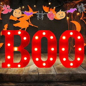 Halloween Decorative Signs Marquee 3 LED Light up Letters BOO with Glitter Pumpkin Ghost Bat Spider Banner, Yellow BOO Light up Sign for Indoor Halloween Marquee Home Fireplace Tabletop Party Decor